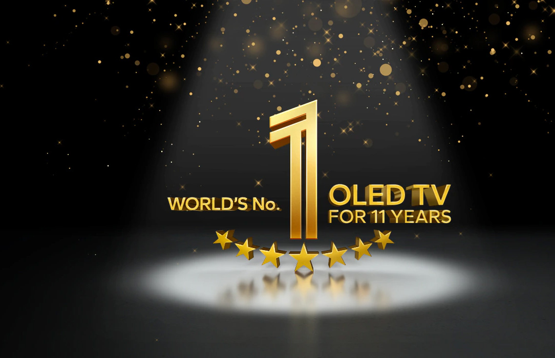 Ένα χρυσό έμβλημα World’s number 1 OLED TV for 11 Years μπροστά από ένα μαύρο φόντο. Ένας προβολέας φωτίζει το έμβλημα και χρυσά αφηρημένα αστέρια γεμίζουν τον ουρανό από πάνω.